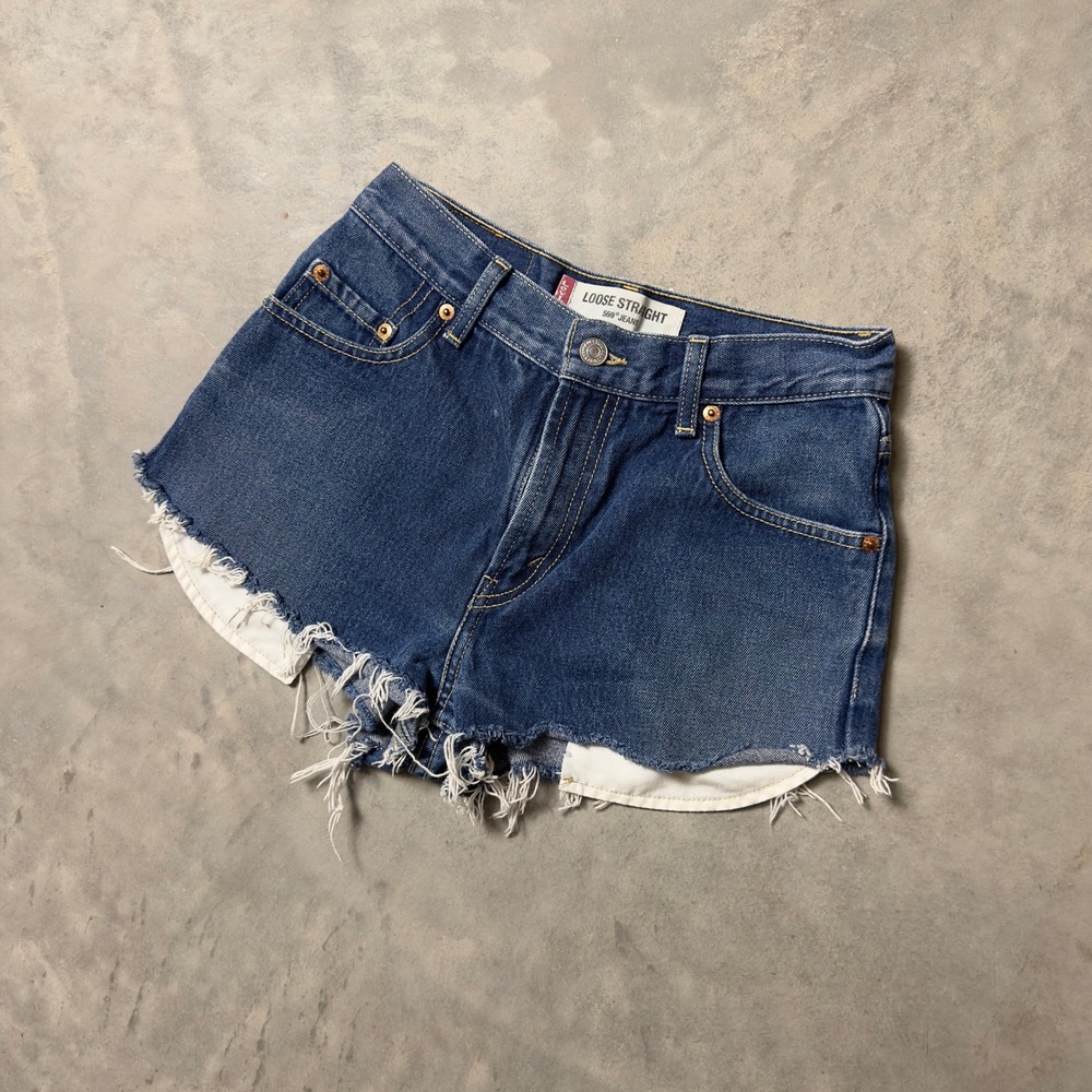 Vintage Levis 569 Loose Straight Shorts Women 14R Blue Baggy Distressed Y2K